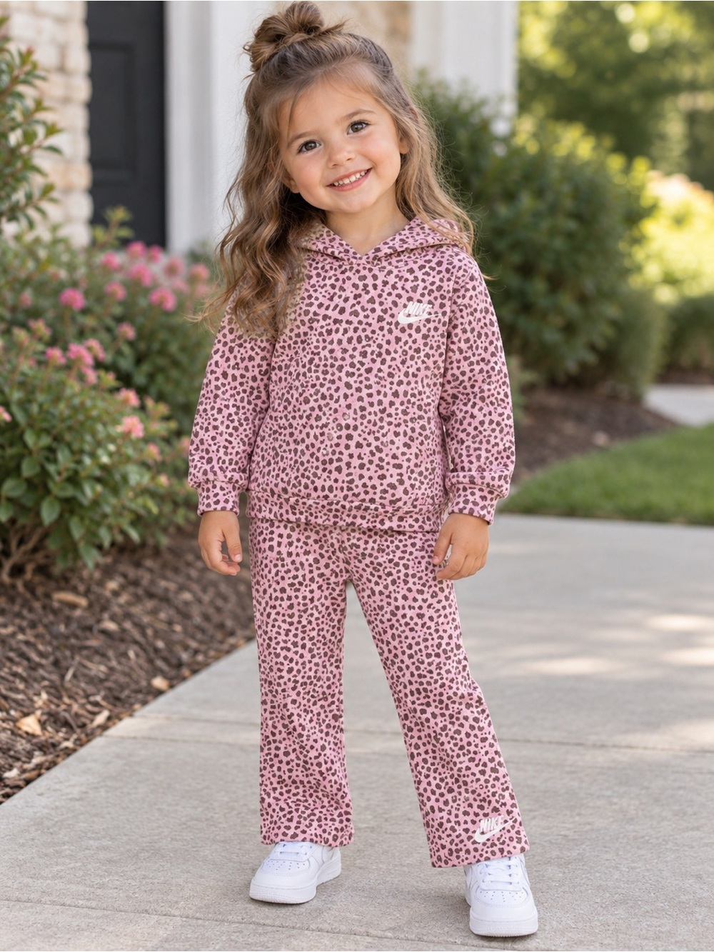 Nike Girls 3T Pink Leopard Heart Hooded Sweatshirt & Flare Pants 2PC Set NWT